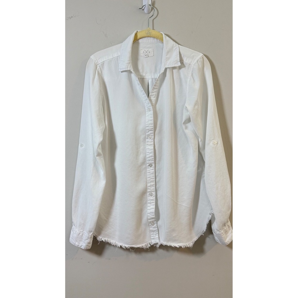 Thread & Supply Button Down Shirt White Raw Hem Roll‎ Tab Sleeve Women Medium